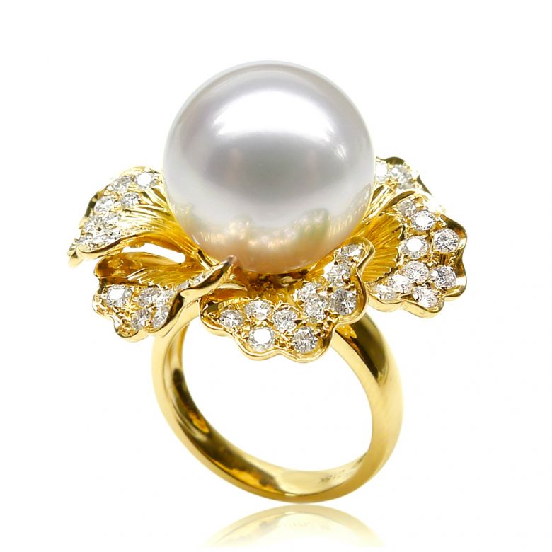 Bague perle d'Australie - Fleur or jaune pétales ajourées - Diamants - 1