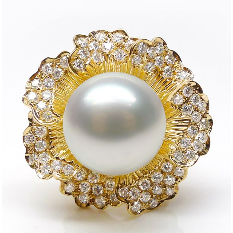 Bague perle d'Australie - Fleur or jaune pétales ajourées - Diamants - 3