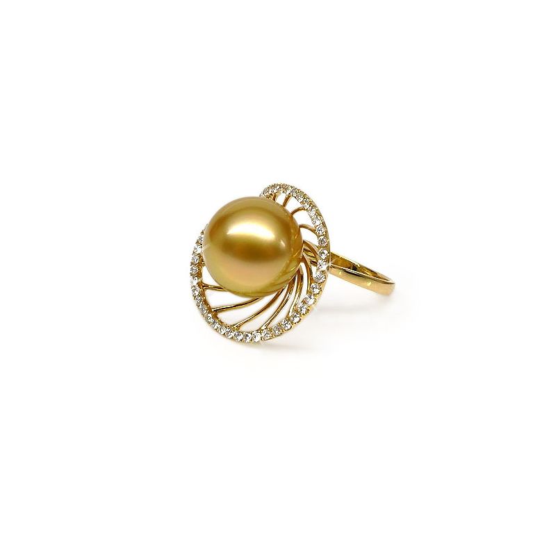 Bague forme elliptique - Perle d'Australie dorée - Or jaune, diamants - 1