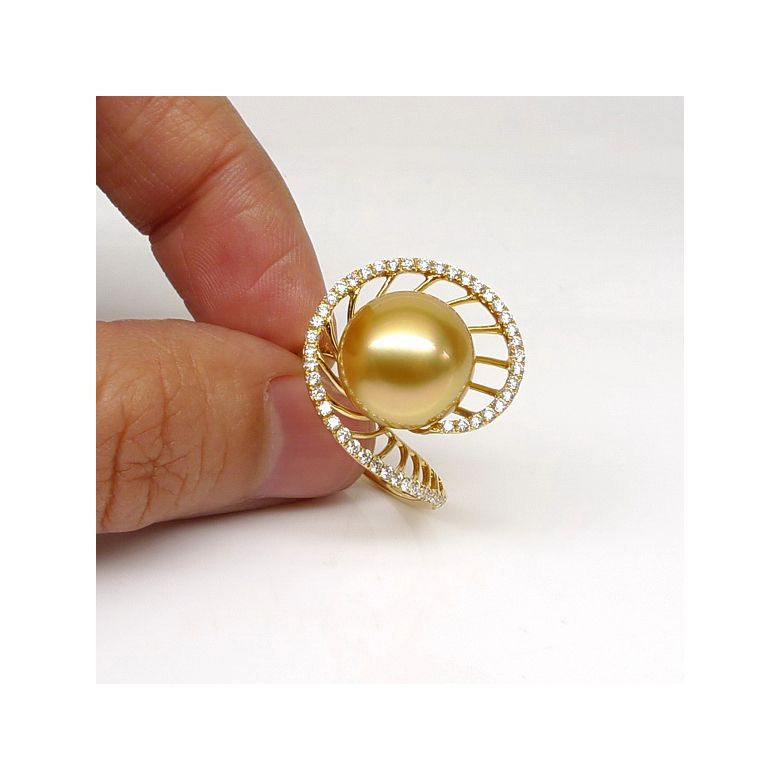 Bague forme elliptique - Perle d'Australie dorée - Or jaune, diamants - 5