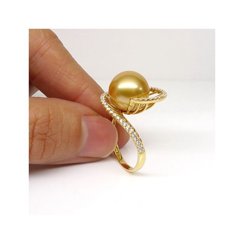 Bague forme elliptique - Perle d'Australie dorée - Or jaune, diamants - 4