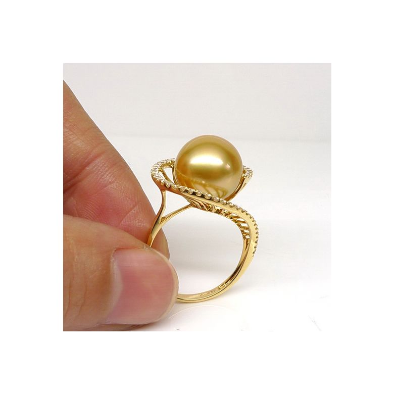Bague forme elliptique - Perle d'Australie dorée - Or jaune, diamants - 3