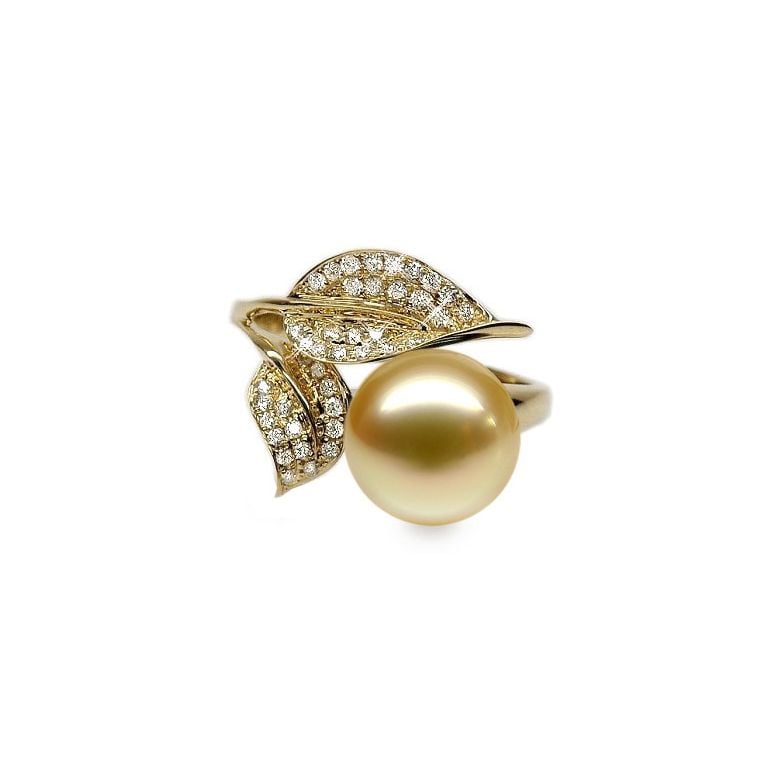 Bague feuilles de jasmin - Perle d'Australie dorée - Or jaune, diamants - 1