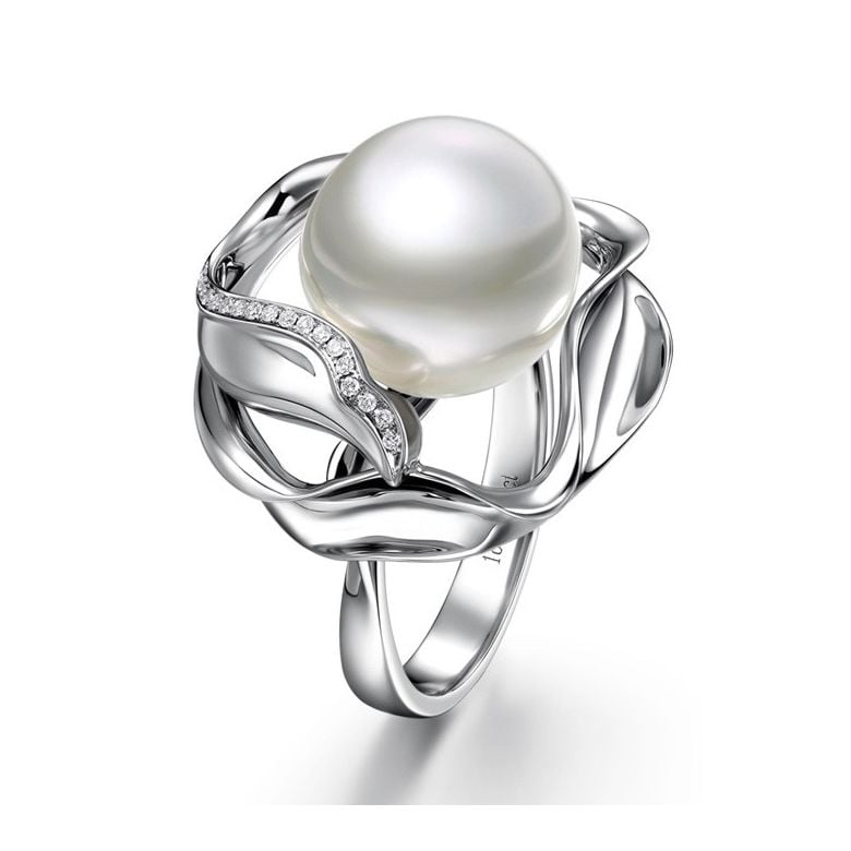 Bague fleur de lotus - Perle d'Australie blanche - Or blanc, diamants - 1
