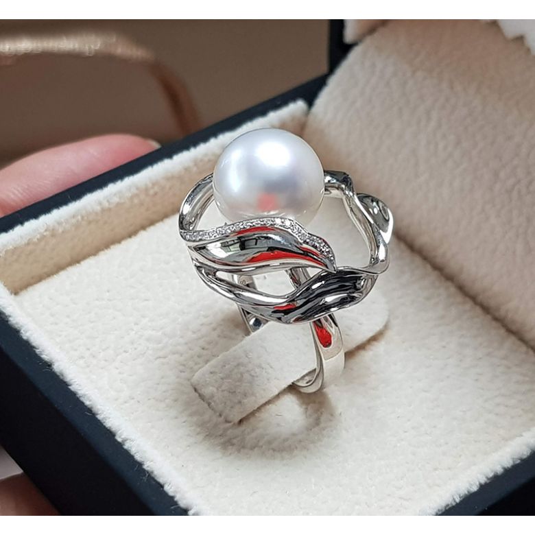 Bague fleur de lotus - Perle d'Australie blanche - Or blanc, diamants - 2