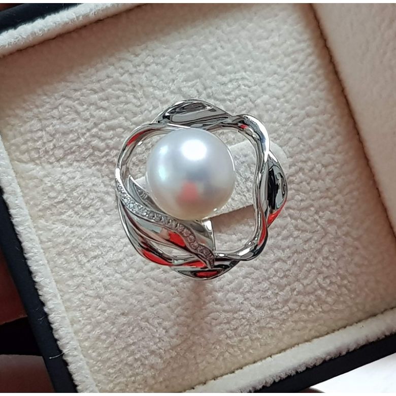 Bague fleur de lotus - Perle d'Australie blanche - Or blanc, diamants - 4