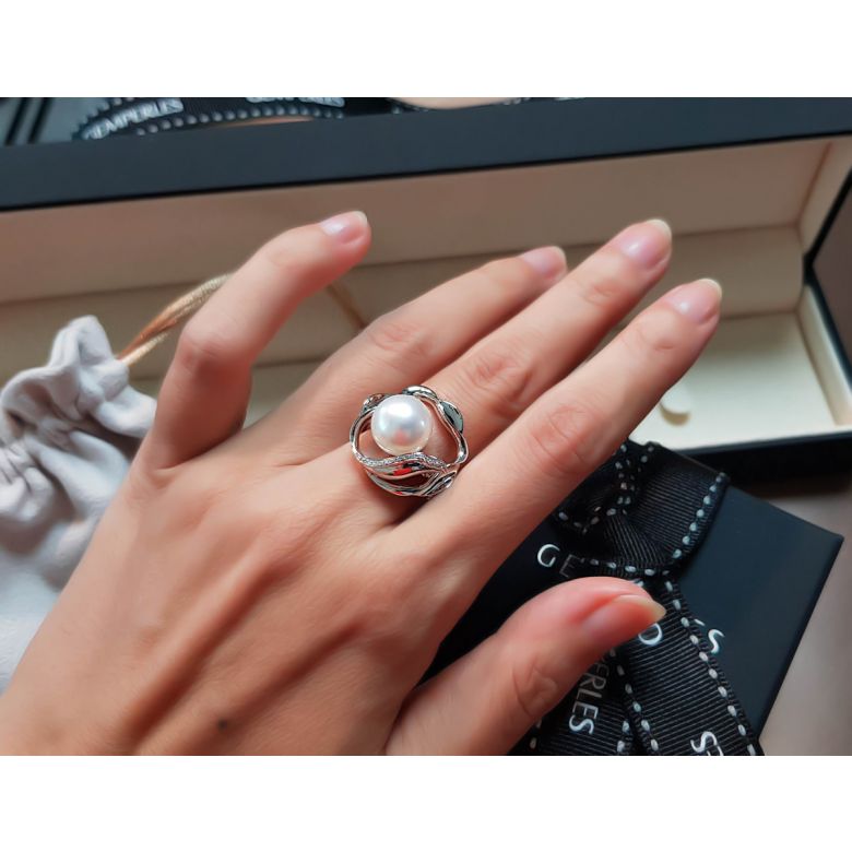 Bague fleur de lotus - Perle d'Australie blanche - Or blanc, diamants - 5
