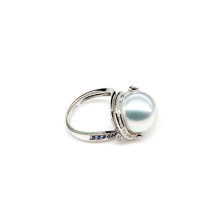 Bague de l'Île Bruny - Perle Australie blanche - Diamants, saphirs - 4