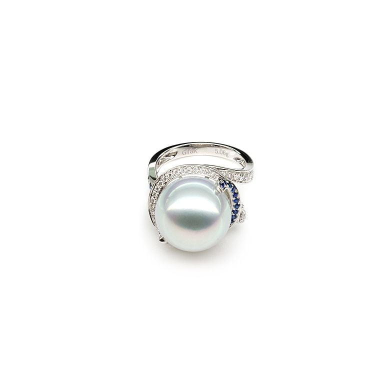 Bague de l'Île Bruny - Perle Australie blanche - Diamants, saphirs - 3