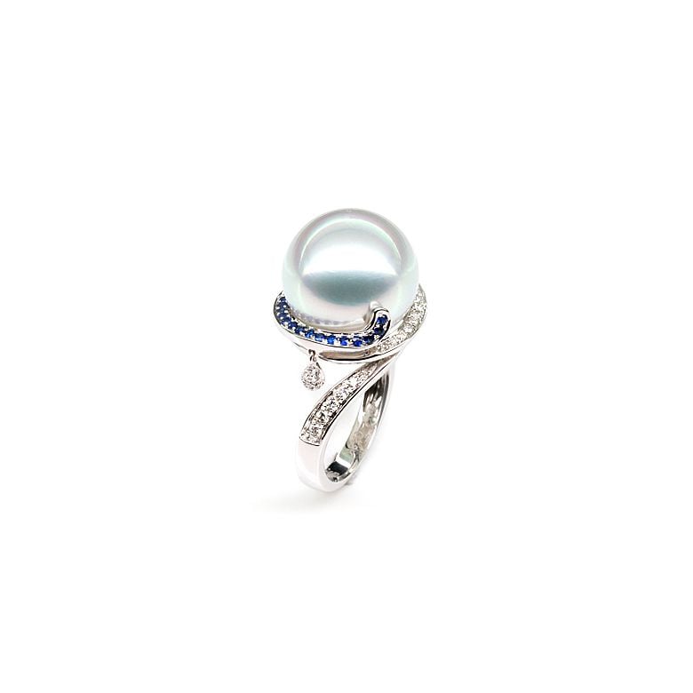 Bague de l'Île Bruny - Perle Australie blanche - Diamants, saphirs - 2