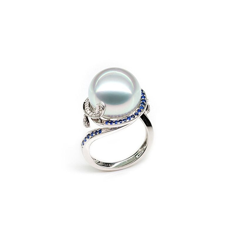 Bague de l'Île Bruny - Perle Australie blanche - Diamants, saphirs - 1