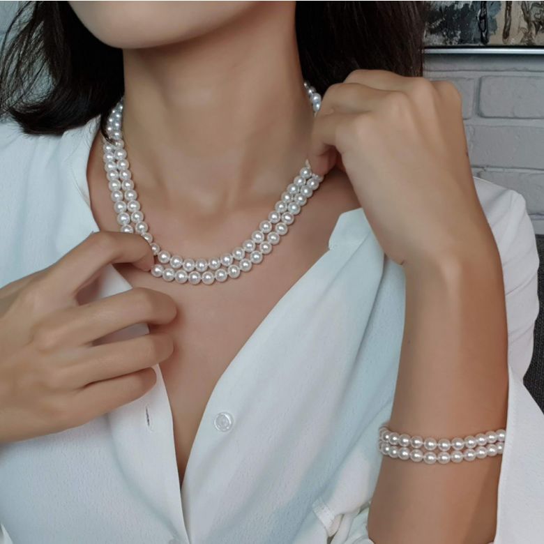Collier double fil, rang de perles - Perle eau douce blanche - 7/7.5mm - 8
