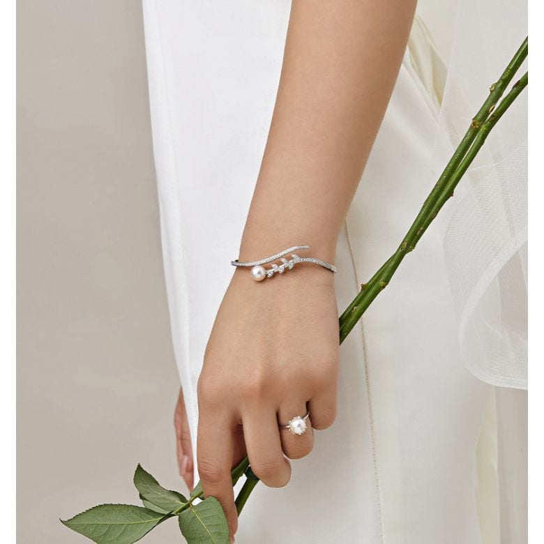 Bracelet Jonc Symphonie Nuptiale - Perle Akoya, Or Blanc, Diamants - 3