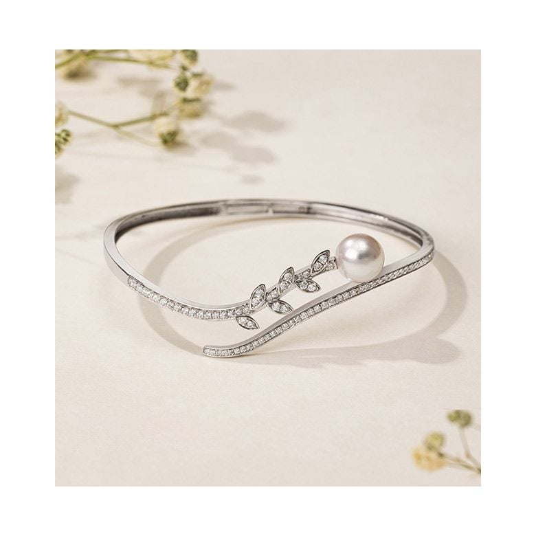 Bracelet Jonc Symphonie Nuptiale - Perle Akoya, Or Blanc, Diamants - 1