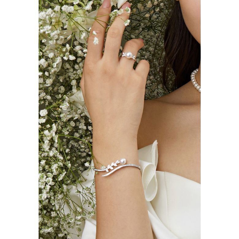 Bracelet Jonc Symphonie Nuptiale - Perle Akoya, Or Blanc, Diamants - 5