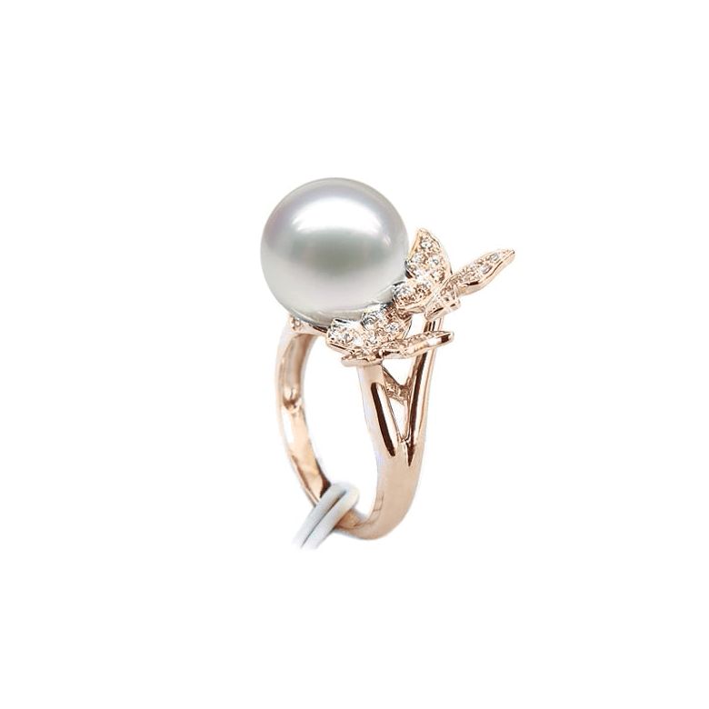 Bague papillons gracieux - Perle d'Australie - Or rose, diamants - 1