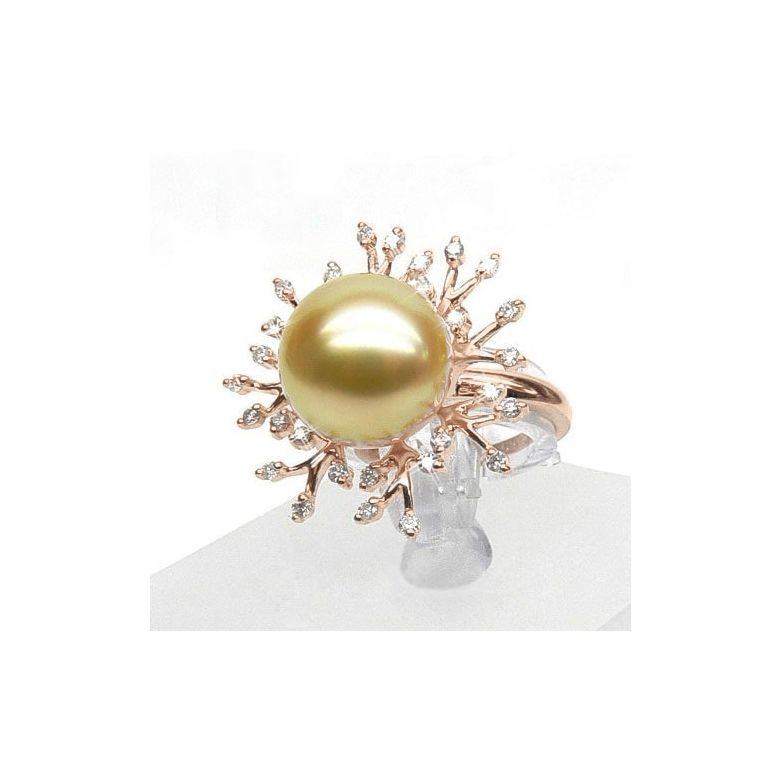 Bague luxe - Branche corail - Perle d'Australie, or rose, diamants - 3