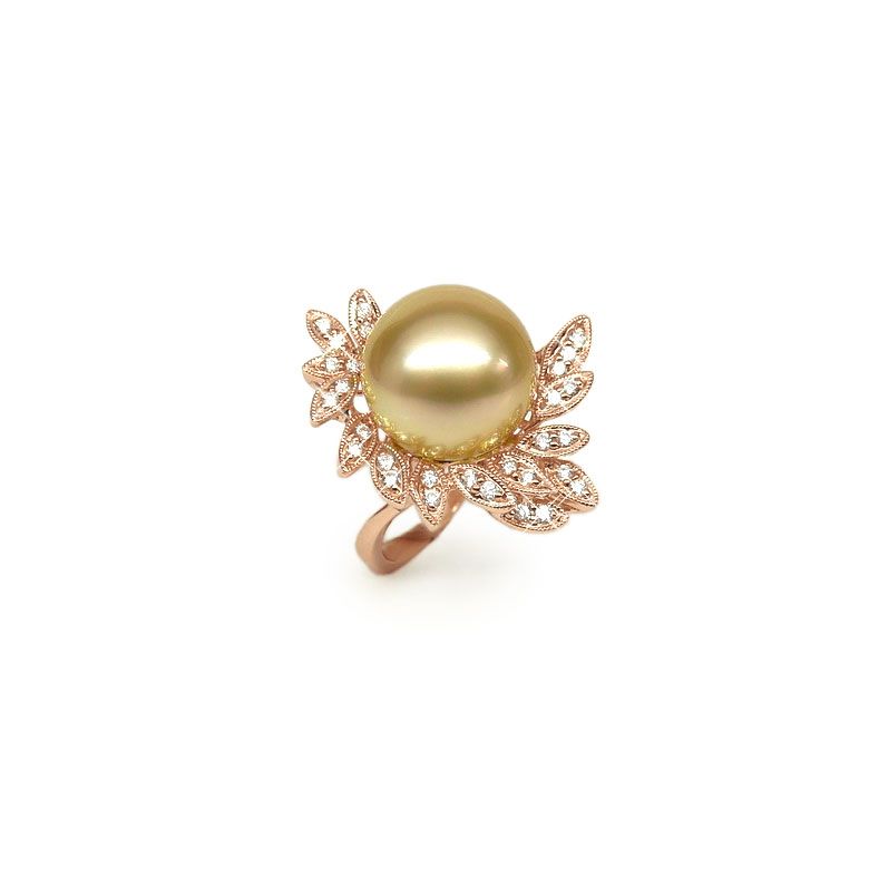 Bague perle australienne - Pétales d'or rose ajourées, diamants - 1