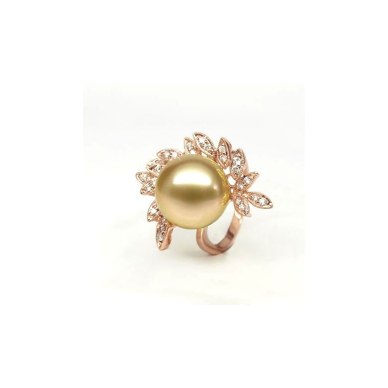 Bague perle australienne - Pétales d'or rose ajourées, diamants - 5