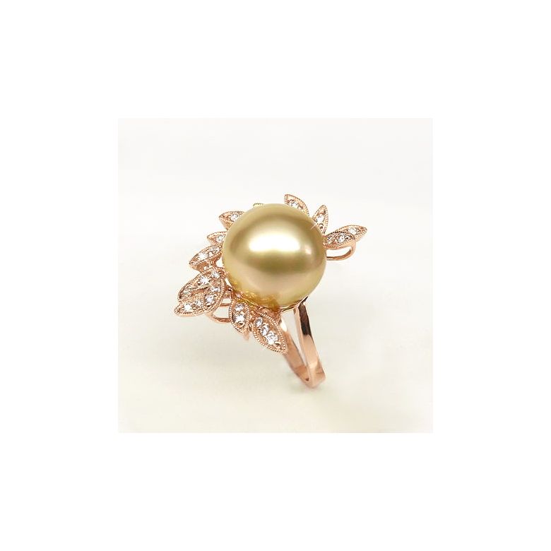 Bague perle australienne - Pétales d'or rose ajourées, diamants - 3