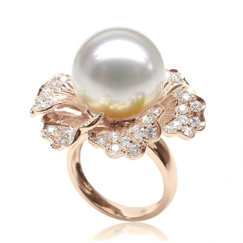 Bague perle d'Australie - Fleur or rose pétales ajourées - Diamants - 1