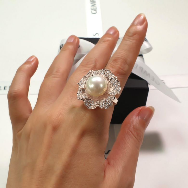 Bague perle d'Australie - Fleur or rose pétales ajourées - Diamants - 2