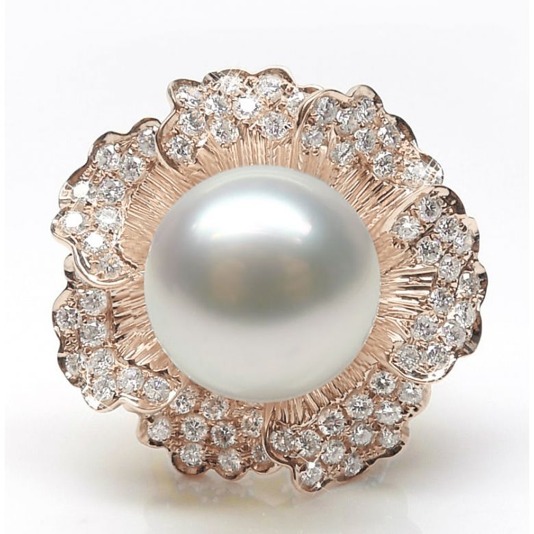 Bague perle d'Australie - Fleur or rose pétales ajourées - Diamants - 3