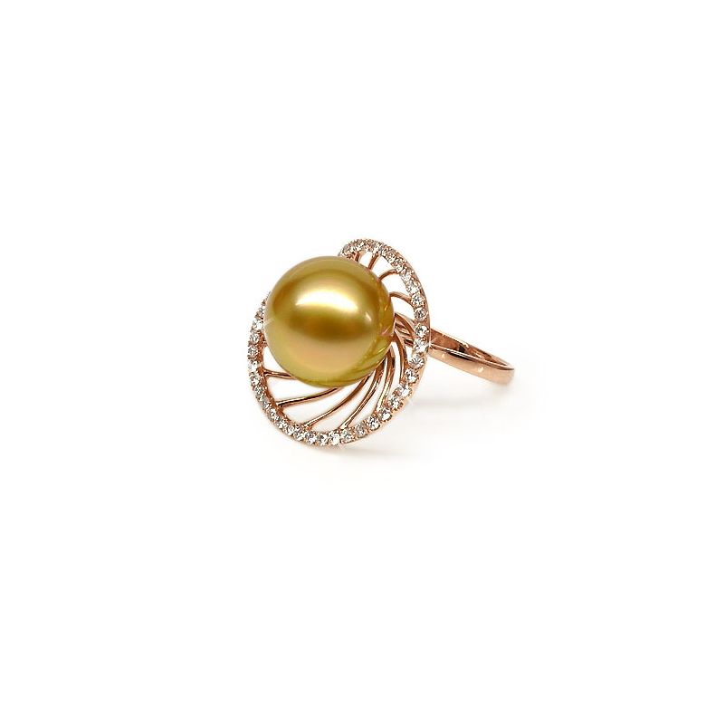 Bague forme elliptique - Perle d'Australie dorée - Or rose, diamants - 1