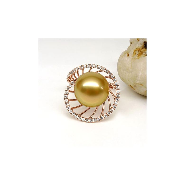 Bague forme elliptique - Perle d'Australie dorée - Or rose, diamants - 2