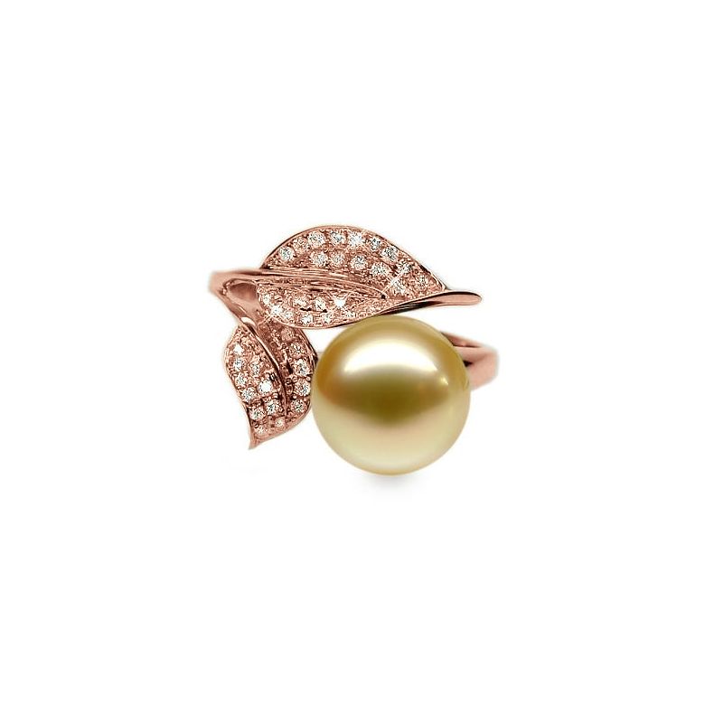 Bague feuilles de jasmin - Perle d'Australie dorée - Or rose, diamants - 1