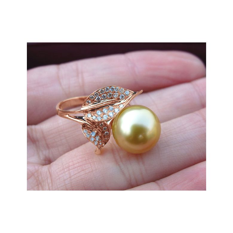 Bague feuilles de jasmin - Perle d'Australie dorée - Or rose, diamants - 2