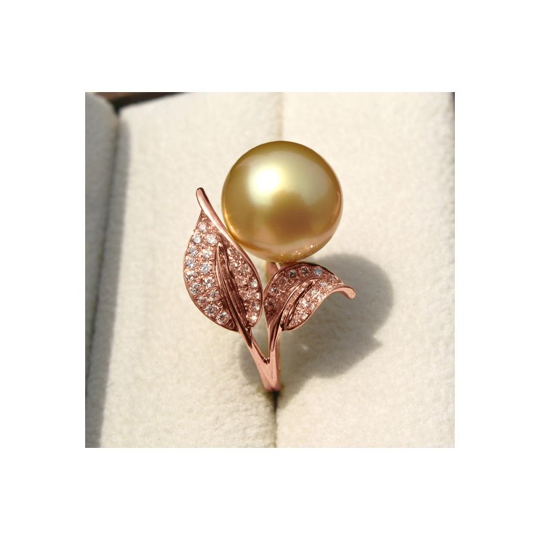 Bague feuilles de jasmin - Perle d'Australie dorée - Or rose, diamants - 6
