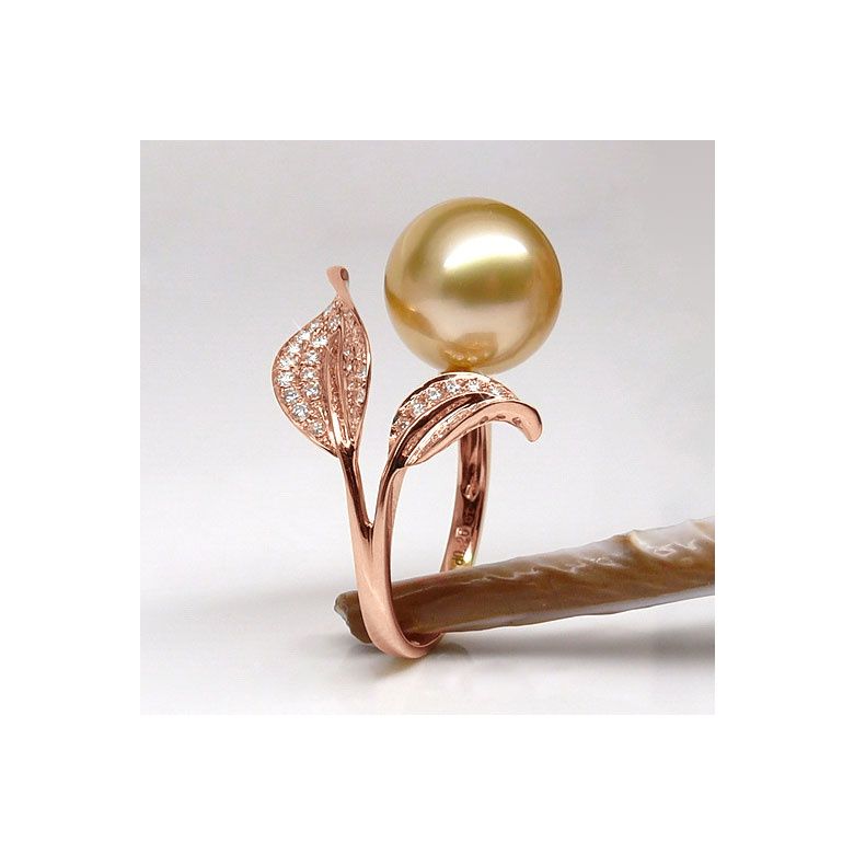 Bague feuilles de jasmin - Perle d'Australie dorée - Or rose, diamants - 5