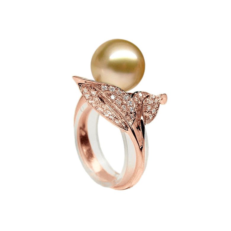 Bague feuilles de jasmin - Perle d'Australie dorée - Or rose, diamants - 4