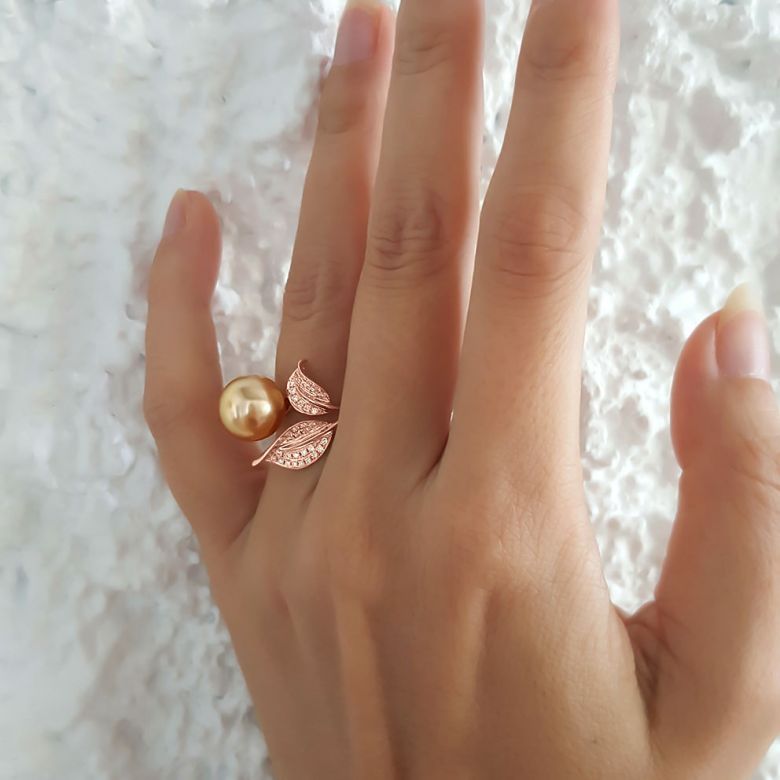 Bague feuilles de jasmin - Perle d'Australie dorée - Or rose, diamants - 8