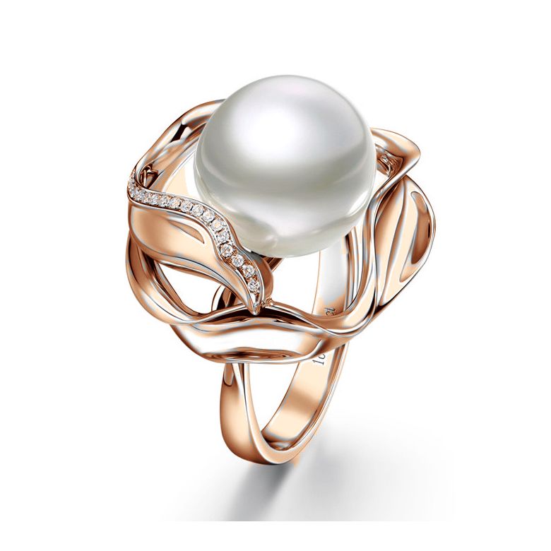 Bague fleur de lotus - Perle d'Australie blanche - Or rose, diamants - 1