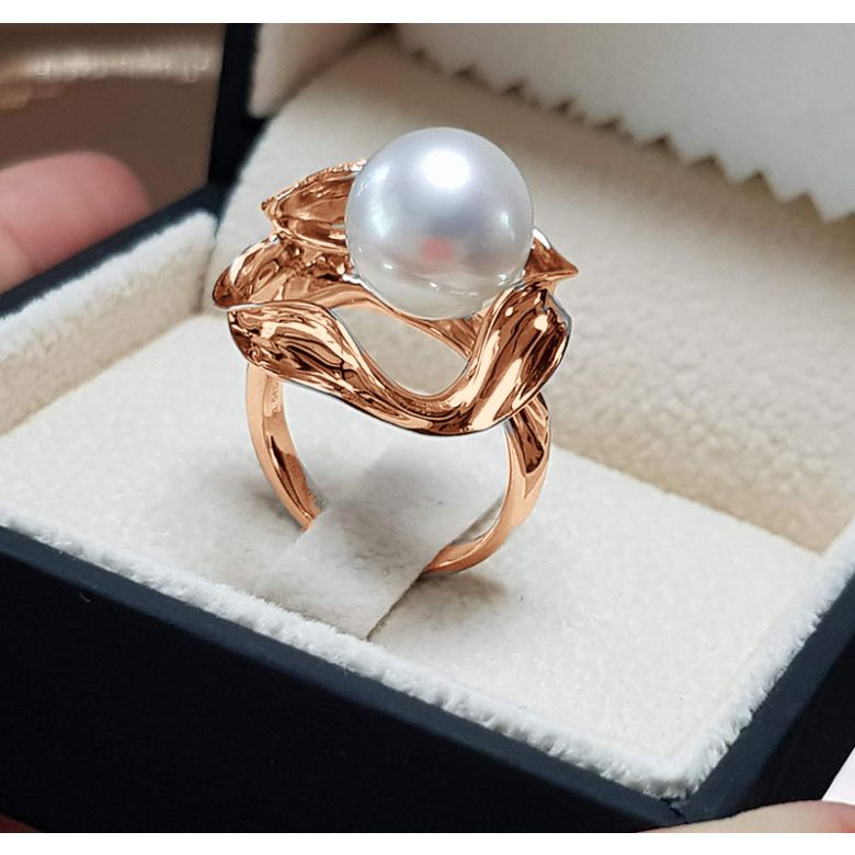 Bague fleur de lotus - Perle d'Australie blanche - Or rose, diamants - 3