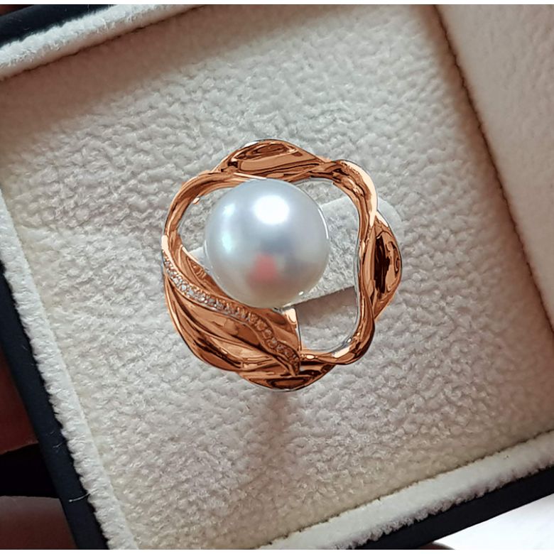 Bague fleur de lotus - Perle d'Australie blanche - Or rose, diamants - 4