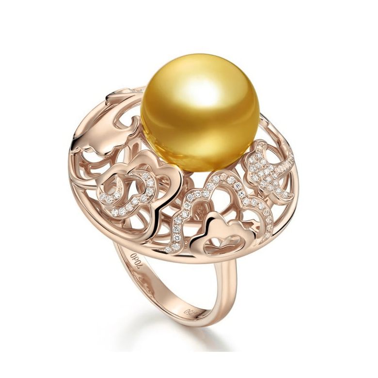 Bague fleur de pivoine - Perle dorée des mers du sud or rose - 1