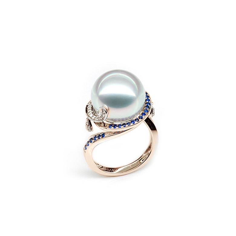 Bague de l'Île Bruny - Perle Australie blanche - Diamants, saphirs or rose - 1
