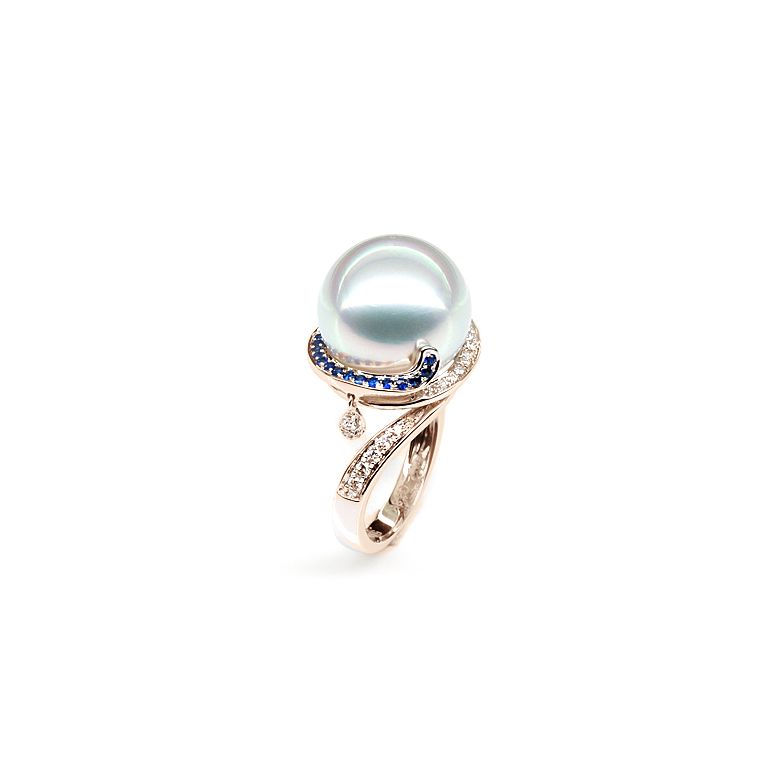 Bague de l'Île Bruny - Perle Australie blanche - Diamants, saphirs or rose - 2