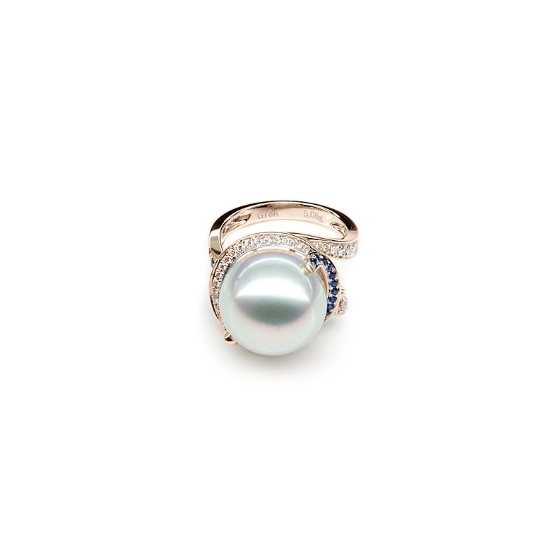 Bague de l'Île Bruny - Perle Australie blanche - Diamants, saphirs or rose - 3