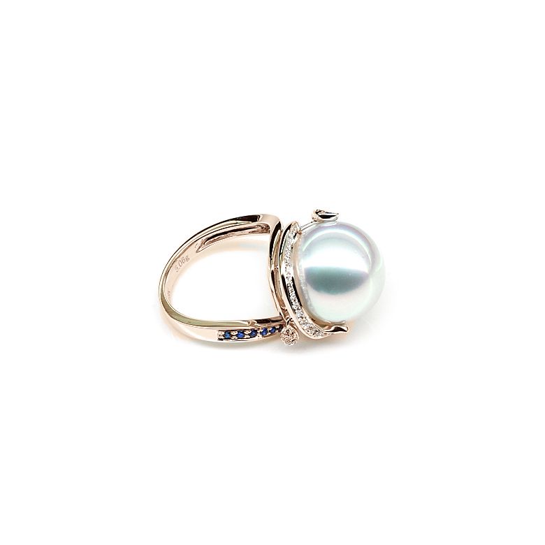 Bague de l'Île Bruny - Perle Australie blanche - Diamants, saphirs or rose - 4