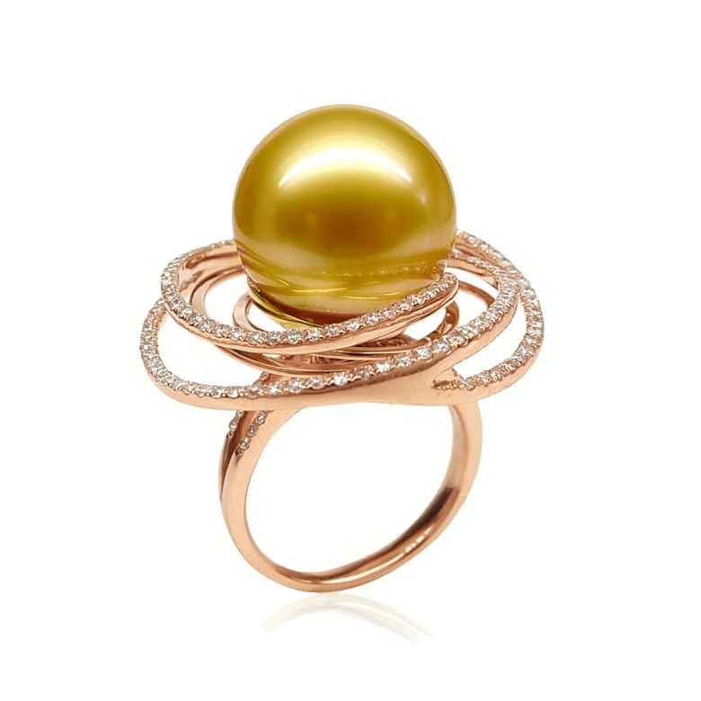 Bague pendentif Or rose, diamants, perle d'Australie dorée - 1