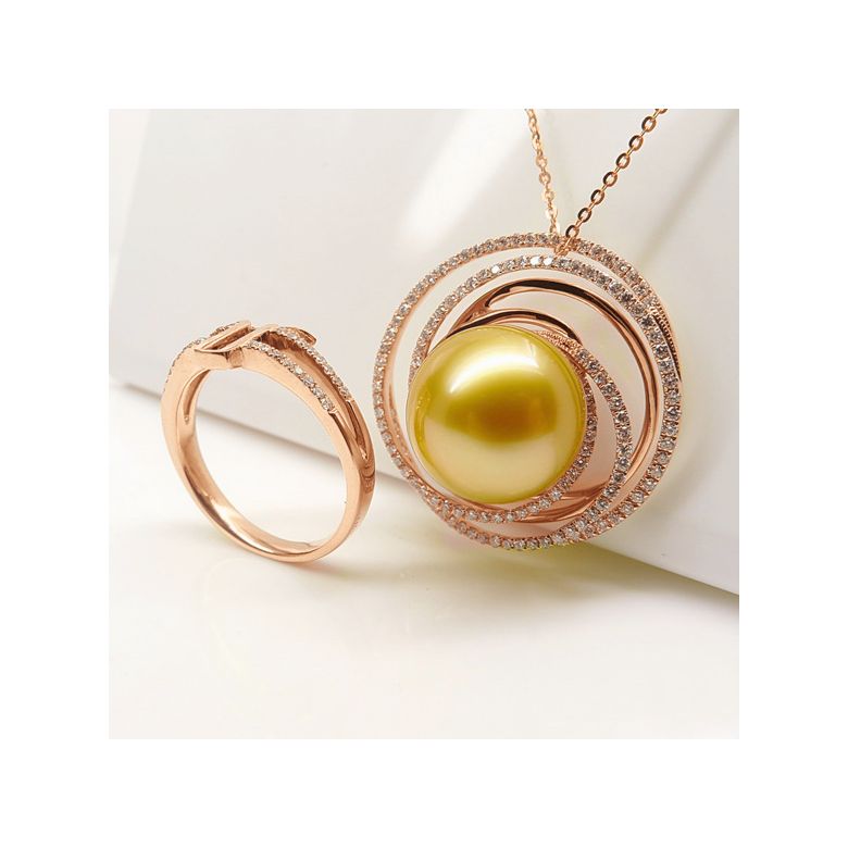 Bague pendentif Or rose, diamants, perle d'Australie dorée - 3