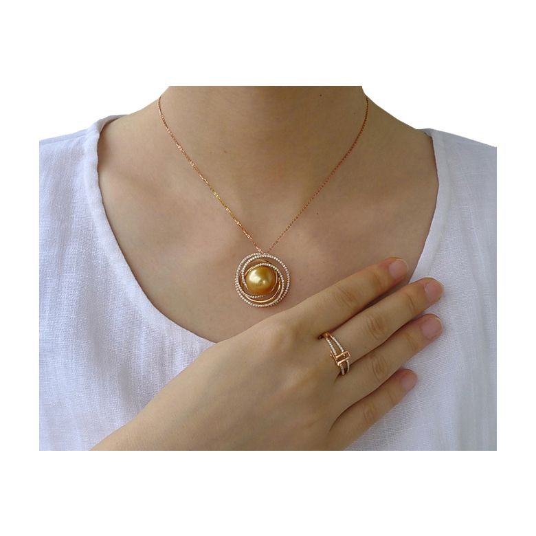 Bague pendentif Or rose, diamants, perle d'Australie dorée - 5