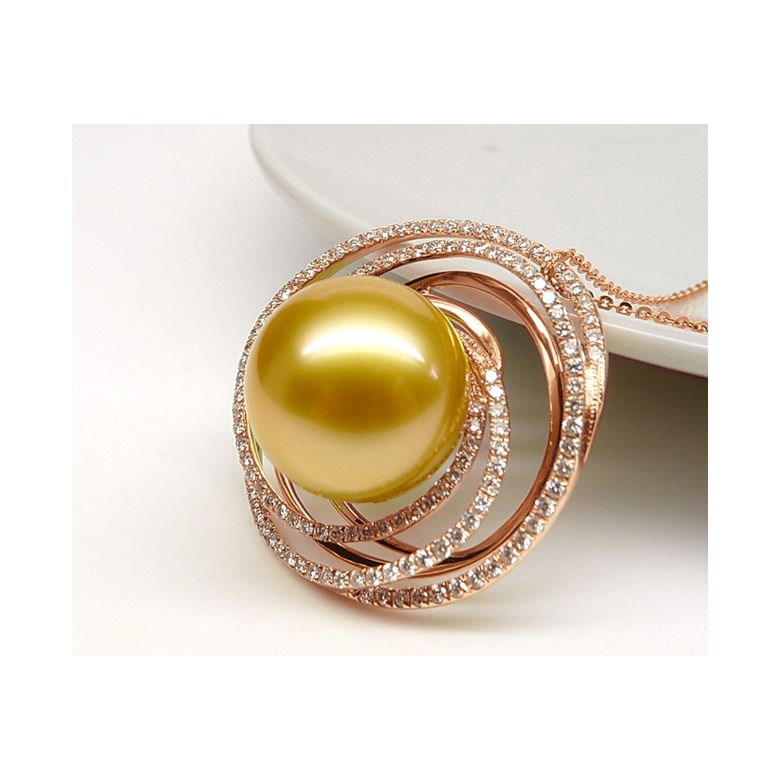 Bague pendentif Or rose, diamants, perle d'Australie dorée - 7