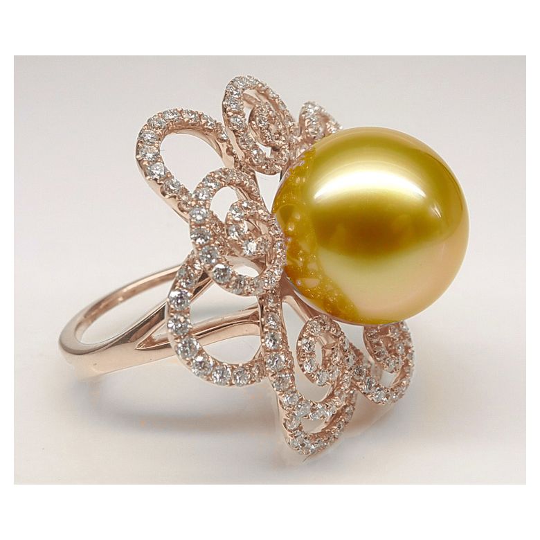 Bague Fleur arabesque perle dorée. Or rose et diamants - 2