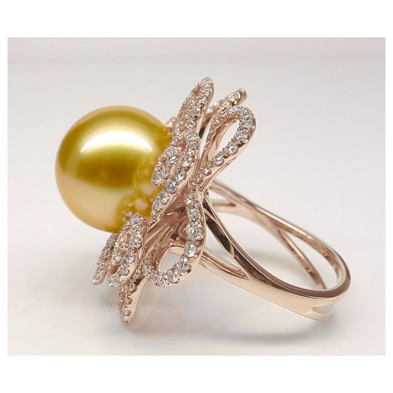 Bague Fleur arabesque perle dorée. Or rose et diamants - 6