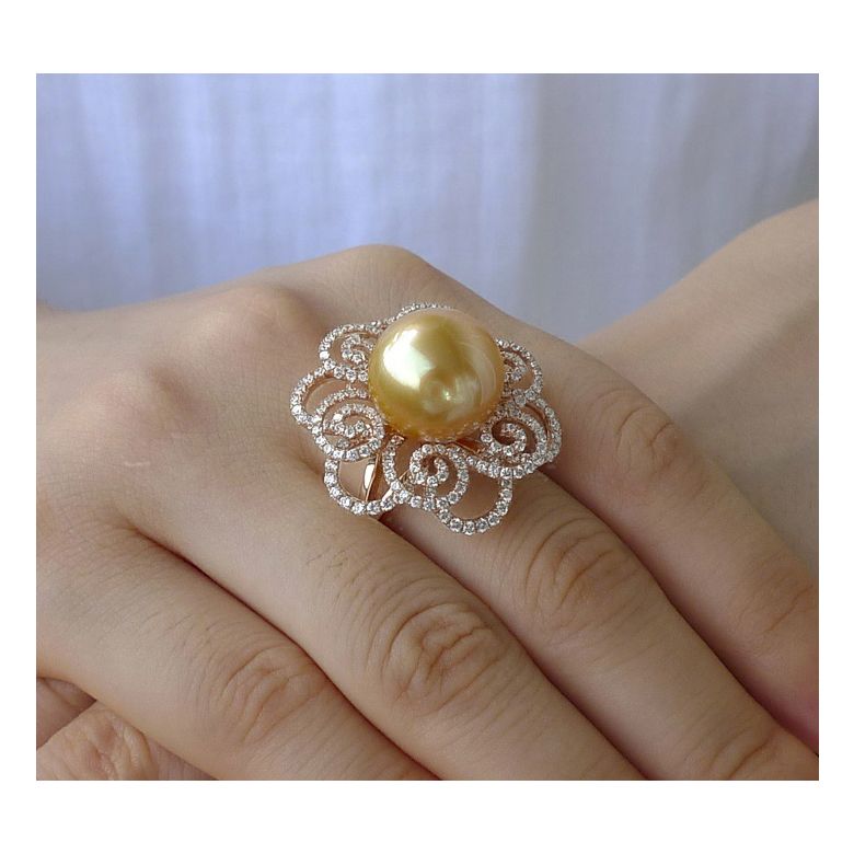 Bague Fleur arabesque perle dorée. Or rose et diamants - 7